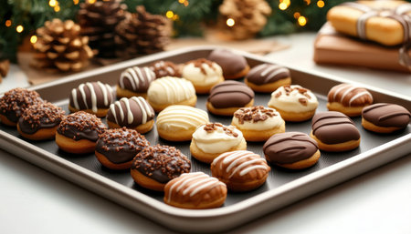 Fresh from the oven, a baking sheet overflows with assorted holiday treats, ready to be transformed into festive delights These sweet creations, perfect for gatherings and celebrations, are just waiting for your decorating touch to bring holiday cheer all season long AI Generativeの素材