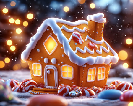 This festive gingerbread house is a delightful holiday treat, adorned with bright and colorful candy Its whimsical design makes it a perfect centerpiece for your holiday decor Create your dream holiday display today with this charming and edible masterpiece AI Generativeの素材
