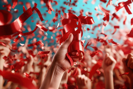 A joyous throng erupts in cheers, confetti raining down as they celebrate, their laughter and shared smiles reflecting the festive spirit The gathering embodies unity and optimism, a vibrant tapestry of hope woven into the fabric of their shared joy and camaraderie AI Generativeの素材