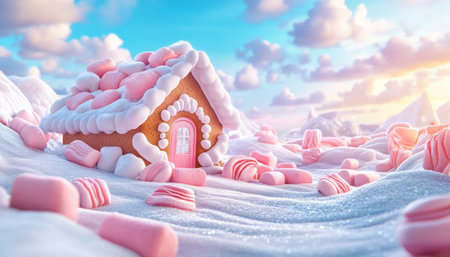 Transform your gingerbread house into a cozy winter wonderland! This holiday season, create a stunning marshmallow masterpiece Decorate with fluffy marshmallows for a snowy look, adding charm and warmth to your festive creation Let your imagination run wild with creative ideas for a truly unique and delightful gingerbread house AI Generativeの素材