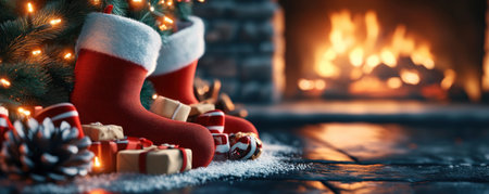 A crackling fireplace casts a warm glow on a cozy Christmas scene A plump stocking, overflowing with tempting treats, hangs beside the hearth, its vibrant colors adding to the festive cheer The scene evokes a sense of holiday warmth and joy, perfect for spreading festive spirit AI Generativeの素材