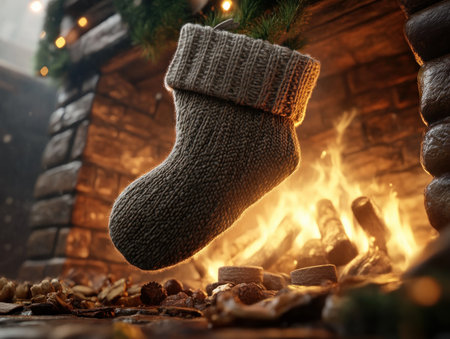 Embrace the warmth of the holidays with a cozy scene featuring a Christmas stocking overflowing with festive treats by a crackling fireplace This traditional touch adds charm and warmth to your Christmas decor, creating an inviting ambiance for the season AI Generativeの素材