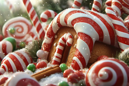 A charming gingerbread house, adorned with candy and cinnamon, creates a festive winter wonderland scene This delicious homemade treat, decorated with candy canes, is a perfect Christmas centerpiece The sweet aroma of gingerbread and festive baking fills the air, making it the ideal holiday decoration AI Generativeの素材