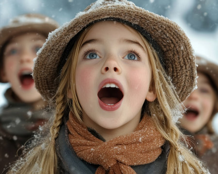 As snowflakes dance, joyous Christmas carolers fill the air with festive melodies Their traditional songs, sung with warmth and cheer, spread holiday magic and awaken the spirit of the season Their voices echo through the snow, bringing warmth and delight to all who hear AI Generativeの素材