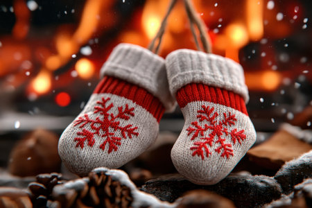 A classic red and white Christmas stocking, adorned with a delicate snowflake design, hangs by a crackling fireplace This festive decoration brings warmth and cheer to your home, celebrating the magic of the winter season It's a perfect addition to any holiday decor, adding a touch of charm and tradition AI Generativeの素材