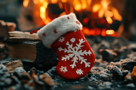 Embrace the festive spirit with this charming red Christmas stocking, adorned with a delicate snowflake design Hung by a crackling fireplace, it adds a touch of winter magic to your holiday decor The stocking is perfect for filling with festive treats and gifts, creating a warm and inviting atmosphere for AI Generativeの素材
