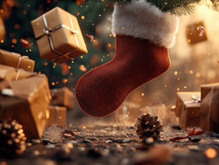 Step back in time with this vintage Christmas stocking, overflowing with nostalgic charm Filled with delightful gifts, it evokes a cherished holiday past Its classic design and festive spirit create a timeless centerpiece for your Christmas display A perfect way to add a touch of tradition and warmth to your AI Generativeの素材