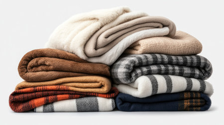 Indulge in ultimate comfort with our luxurious fleece blankets Stacked for warmth and style, these vibrant blankets offer unparalleled coziness Experience the perfect blend of comfort and chic elegance with our soft, plush fleece wonders AI Generativeの素材