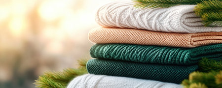 Embrace warmth and style with this inviting stack of cozy blankets Their soft textures and inviting charm add a touch of comfort to any space Ready to envelop you in warmth, this blanket stack promises a haven of relaxation AI Generativeの素材