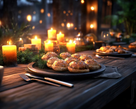 A warm glow of candlelight illuminates a festive Christmas table, where family gathers to share delicious holiday recipes Laughter and joy fill the air as cherished traditions are celebrated, creating a heartwarming atmosphere of togetherness and cheer AI Generativeの素材