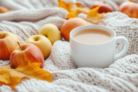 Imagine a warm, inviting scene: steaming apple cider in a cozy cup nestled amongst autumnal d cor The air is filled with comforting aromas, creating a perfect ambiance for cozy gatherings Fall decorations enhance the warmth and invite you to enjoy the essence of autumn AI Generativeの素材