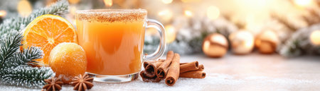 Warm up this holiday season with festive hot cider! Enjoy the cozy, seasonal vibes as the aroma of cinnamon and cloves fills the air Share this perfect warm beverage with family and friends for a delightful autumn or winter celebration AI Generativeの素材