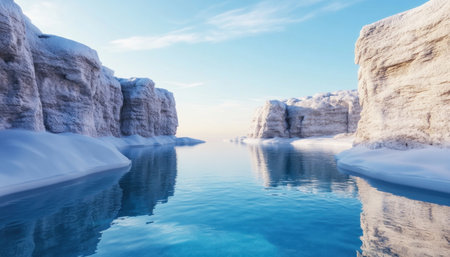 A frosted landscape shimmers under a clear winter sky, mirrored in the icy depths of Lake Frost The cold morning air whispers serenity, creating a captivating scene of untouched beauty Enchanting reflections and a blissful atmosphere beckon winter enthusiasts to this tranquil natural setting AI Generativeの素材