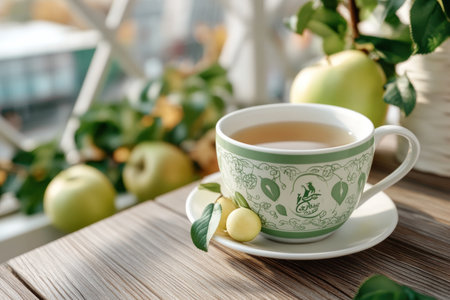 Embrace the autumn spirit with a cozy cup of festive apple cider Its warm, aromatic flavors will create a comforting atmosphere in your home Enjoy the seasonal beverage surrounded by fall d cor for a perfect autumn experience AI Generativeの素材