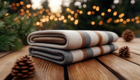 Elevate your tablescape with folded napkins featuring festive holiday patterns These stylish napkins create a warm and inviting atmosphere, perfect for any event Enhance your table d cor and make your gatherings truly special with these festive accents AI Generativeの素材