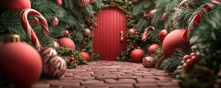 A festive gingerbread house bursts with holiday cheer! Decorated with candy canes, it's a Christmas extravaganza in vibrant colors This sweet masterpiece is perfect for inspiring your own festive decorations, offering a delightful combination of gingerbread and candy cane charm AI Generativeの素材