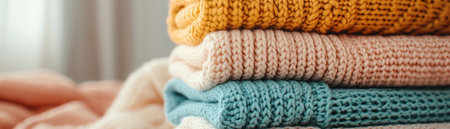 Transform your space with the cozy charm of a blanket stack Warm and inviting textures create a welcoming ambiance Discover the beauty of piled blankets in rich hues and soft fabrics Embrace the comfort and visual appeal of a cozy blanket stack, where warmth and style intertwine AI Generativeの素材