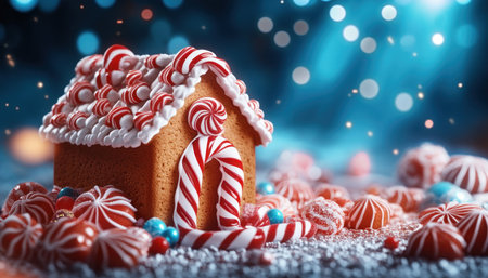 A festive gingerbread house, adorned with vibrant candy canes and holiday hues, captures the spirit of Christmas Its intricate details and sweet aroma evoke the joy and warmth of the season, making it a perfect centerpiece for holiday celebrations AI Generativeの素材