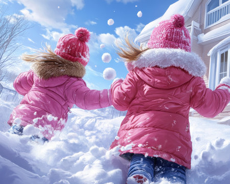 A flurry of laughter and snowballs fills a winter wonderland Joyful kids, bundled in vibrant winter wear, toss snow playfully in a snow-covered yard Sunlight dances on their rosy cheeks as they capture lighthearted moments of pure fun, their laughter echoing through the crisp air The scene is a whimsical AI Generativeの素材