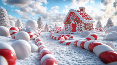 A whimsical gingerbread house, adorned with candy canes, evokes the magic of the holidays Its sweet gingerbread scent and colorful candy decorations create a festive scene, perfect for spreading cheer and creating cherished family memories AI Generativeの素材