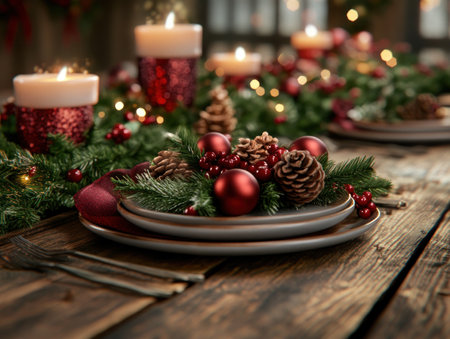 Elevate your holiday tablescape with festive ribbons! Add a touch of elegance and joy with decorative ribbons, transforming your table into a celebration-worthy masterpiece Capture the spirit of the season with a beautiful, festive aesthetic that exudes warmth and merriment AI Generativeの素材