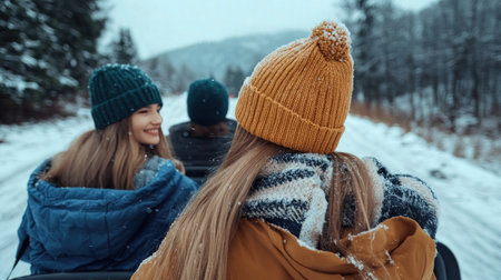 A group of friends, bundled in warm layers, stand atop a snowy hill, anticipation radiating from their smiles Snowballs clutched in their hands, they're poised for an exciting winter adventure Laughter mingles with the crisp air as they prepare to capture joyful moments in this frozen wonderland AI Generativeの素材