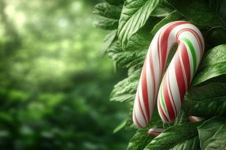 Embrace the classic holiday spirit with red and white candy canes adorning your Christmas tree This festive and culinary decoration creates a charming atmosphere, bringing the sweet aroma of the season into your home The iconic candy canes add a touch of playful whimsy to your tree, making it a AI Generativeの素材