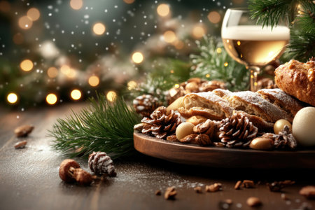 A festive table, adorned with delightful decorations, radiates warmth and cheer Christmas recipes fill the air with enticing aromas, while family and friends gather, sharing laughter and joy The enchanting ambiance creates a perfect setting for cherished holiday memories AI Generativeの素材