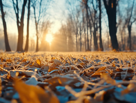 A crisp winter morning unfolds in a frosted forest Bare trees reach towards a clear sky, bathed in the soft, chilly light Every detail, from the delicate frost crystals to the season's glow, paints a picture of tranquil beauty Nature's winter fantasy, perfectly captured AI Generativeの素材