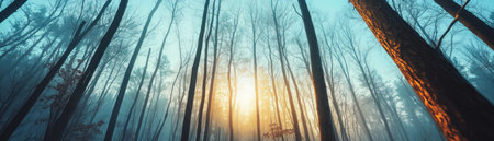 A serene winter landscape unfolds under a clear sky, where bare trees stand adorned with frost The air is crisp and tranquil, creating a picturesque scene of peaceful beauty Frosty vibes and breathtaking views capture the essence of a cold winter morning AI Generativeの素材