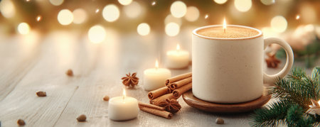 Cozy up with a warm, spiced cider, nestled in a festive mug Cinnamon and cloves fill the air, creating a comforting holiday ambiance Each sip of this aromatic treat brings the warmth of the season, inviting you to savor the joy of the holidays AI Generativeの素材