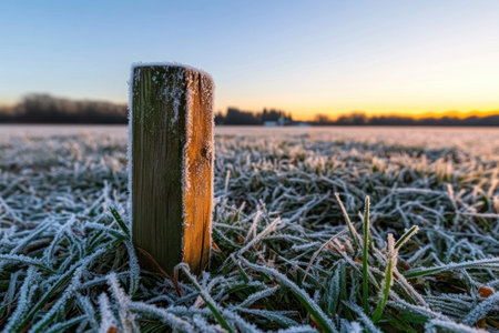 A serene winter morning unfolds, bathed in soft, golden light A vast field, cloaked in pristine white frost, glistens under a crystal clear sky The air is crisp and still, amplifying the tranquility of this picturesque landscape Each delicate snowflake sparkles, a testament to nature's serene beauty AI Generativeの素材