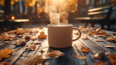 Imagine a cozy mug filled with steaming hot cider, nestled amongst vibrant autumn leaves Capture the comforting warmth of the holiday season in a photograph, evoking a sense of seasonal ambiance and relaxation The aromatic steam and the vibrant hues create a picture of perfect tranquility AI Generativeの素材