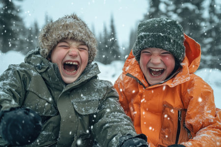 Teenagers, bundled in warm coats, engage in a lively snowball fight amidst a snowy forest Their joyous laughter fills the crisp winter air as they capture timeless fun and friendship The scene evokes a sense of adventure and camaraderie, reminding us of the simple joys of winter AI Generativeの素材