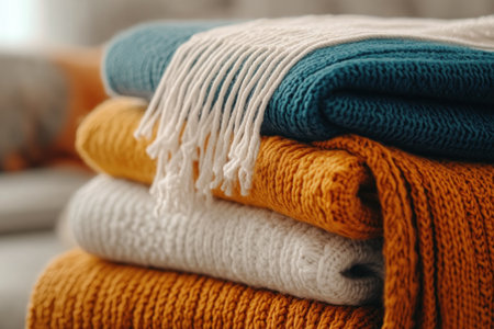 Embrace the cozy warmth of winter with soft, plush throws in rich, comforting colors Perfect for snuggling up on the couch, in your bedroom, or adding a touch of warmth to your living space These cozy blankets are ideal for chilly nights, bringing comfort and style to your home AI Generativeの素材