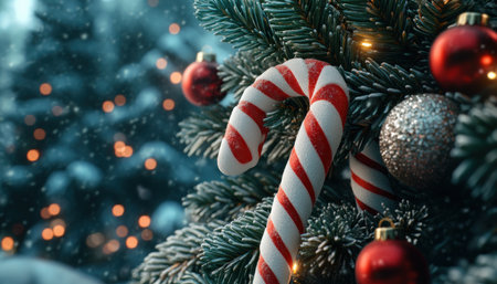 Embrace the festive spirit with classic red and white candy canes adorning your Christmas tree These sweet treats add a playful touch of holiday cheer, creating a vibrant and festive display The iconic red and white color scheme enhances the seasonal spirit, making your tree a dazzling centerpiece for the AI Generativeの素材