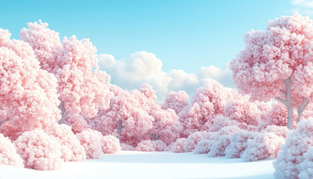 Imagine a winter wonderland: snow-laden trees stand tall against a clear, sunlit sky The air is crisp and still, the only sound the gentle rustle of frost underfoot Embrace the quiet beauty of a serene winter morning, where nature's icy embrace reveals a breathtaking dawn AI Generativeの素材