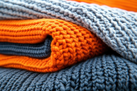 Create a cozy and inviting atmosphere with a perfectly stacked collection of soft blankets The warm textures and inviting colors will enhance comfort and create a welcoming space Embrace the feeling of being enveloped in warmth and relaxation with this inviting blanket stack AI Generativeの素材