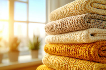 Indulge in the comforting embrace of our folded blankets, crafted from cozy materials Experience the ultimate warmth and relaxation as these soft, inviting textures envelop you in a sense of peace Let our blankets transform every corner of your home into a haven of comfort and tranquility AI Generativeの素材