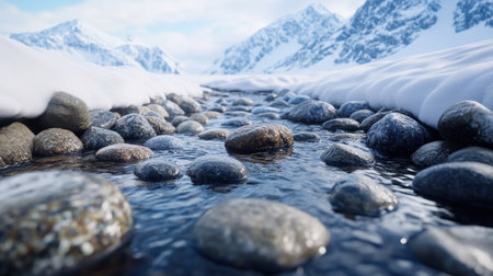 A pristine mountain stream, crystal clear and energized by the spring melt, carves its path through rugged, rocky terrain The vibrant flow reveals the raw beauty of nature, a breathtaking spectacle of water and stone sculpted by time Sunlight dances on the surface, painting the scene in a kaleidoscope of AI Generativeの素材