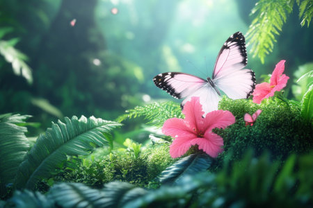 A solitary butterfly, wings a vibrant dance of color, drifts amongst a sea of delicate pink blossoms The lush spring garden hums with life, a vibrant tapestry of nature's beauty Tranquility reigns as the butterfly embraces the garden's biodiversity, a fleeting moment of perfect harmony AI Generativeの素材