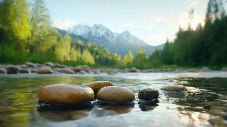 A pristine mountain stream glistens in the spring melt, its cool water cascading over smooth rocks Lush greenery carpets the scenic landscape, while majestic mountains rise in the distance The air is alive with the sound of rushing water and the sweet scent of wildflowers AI Generativeの素材