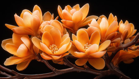 A close-up reveals the delicate beauty of orange magnolia blossoms Buds, adorned with young leaves, burst forth in vibrant hues, a testament to nature's seasonal awakening The image captures the fragility and vibrancy of these blossoms, symbolizing new life and growth AI Generativeの素材