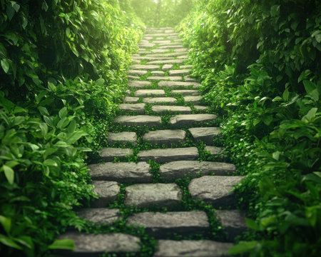This transformative journey leads you towards a brighter future, filled with clarity, growth, and new beginnings It symbolizes personal development, vision, and hope, offering stepping stones to success Embrace the path and unlock your potential, leaving behind old limitations to step into a future full of possibility AI Generativeの素材