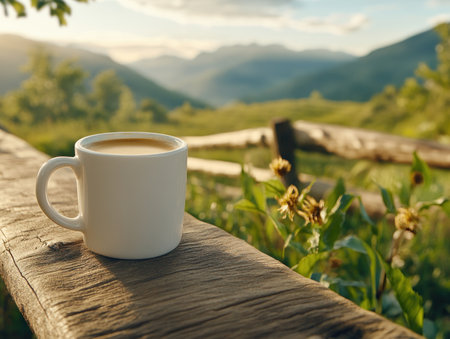 Awaken your senses with a steaming cup of coffee, embracing the tranquility of a picturesque countryside view Let the gentle breeze carry away your worries as you savor the simple pleasures of life This is a moment to unwind, reflect, and appreciate the beauty that surrounds you AI Generativeの素材