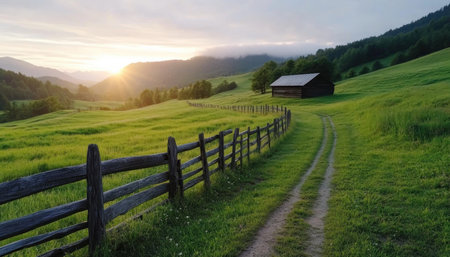 Awaken your senses to a serene sunrise, painting the scenic landscape with calm morning glow Embrace the beauty of a fresh new day in nature, as tranquility washes over you Optimize your day with serenity, carrying the peace of the moment with you into every hour AI Generativeの素材
