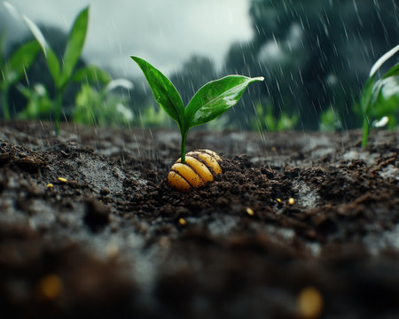 A tiny sprout, bursting forth from the rich, dark soil, reaches for the light It's a testament to the power of life, defying darkness to embrace the sun This organic sprout is a symbol of growth, renewal, and hope a reminder that even in the face of adversity, life AI Generativeの素材