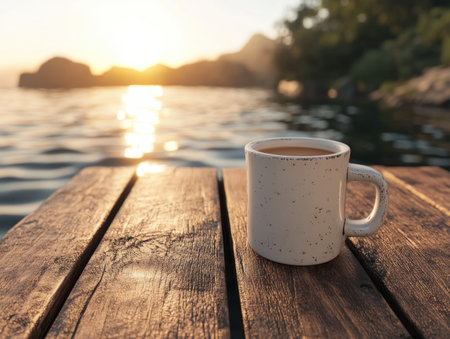 Imagine a tranquil morning, the gentle caress of the ocean breeze as you savor your coffee A breathtaking sunrise paints the sky in hues of gold, reflecting on the calm waters Cozy up to this serene vista, where peace and tranquility reign supreme AI Generativeの素材