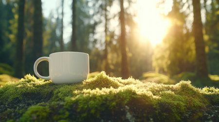 Imagine a serene morning, bathed in the soft hues of sunrise A steaming cup of coffee warms your hands as you breathe in the fresh forest air The view is breathtaking, with towering trees casting long shadows across the tranquil landscape This is the perfect recipe for a calming and AI Generativeの素材