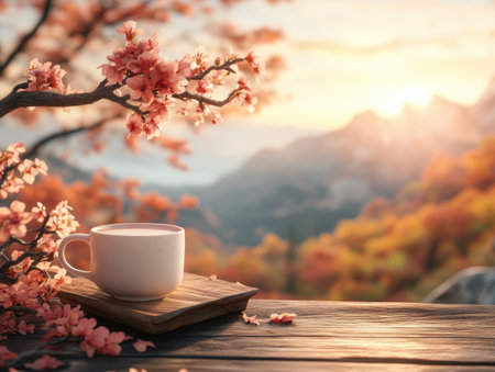 Imagine a tranquil morning, sipping steaming coffee as the sun paints the serene mountain landscape in soft hues Cozy warmth envelopes you, surrounded by breathtaking nature views Every sip is a moment of peace, a perfect escape to the tranquility of the mountains AI Generativeの素材